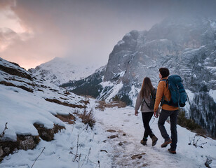 Two mountaineers on the snowy moutains in the evening, walks in Dangorous path