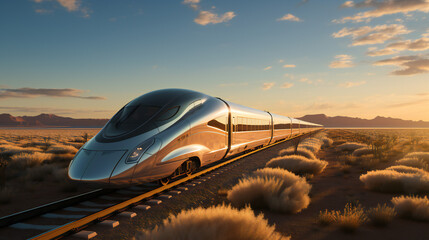 Stealth High Speed Train Going Fast Through a Desert