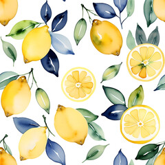 Obraz premium Seamless background. Seamless pattern with yellow lemons. Raster illustration for interior design, wrapping paper, design of postcards, greeting and invitation cards.