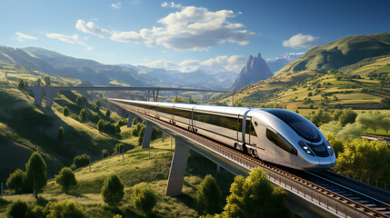 Futuristic High Speed Passenger Train on a Viaduct in the Green Valley