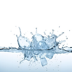 Ice cubes fall in cold water with splash isolated on transparent background, cut out, png