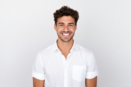 Cheerful young man posing on white background. Positive person.