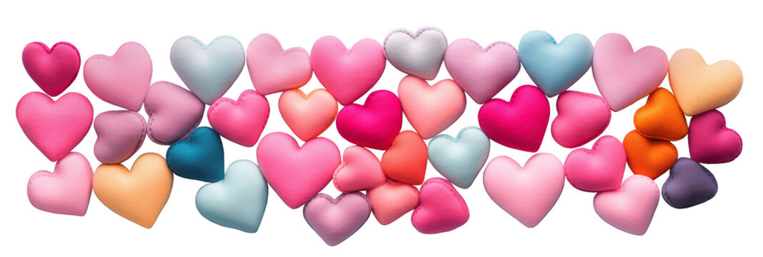 Stock PNG images of hearts isolated on transparent backgrounds for design. Composition of hearts. Knitted hearts. Horizontal composition for Valentine's Day. Isolated hearts.