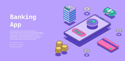 Online mobile banking phone app concept. Smart wallet concept with credit, bank, debit card payment application. Shopping by phone. Flat Isometric vector illustration