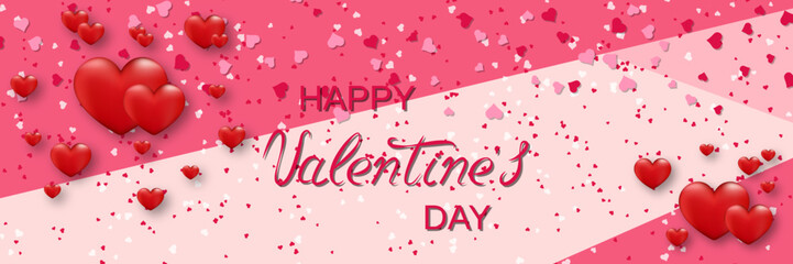 Valentine's Day elegant vector illustration. Pink background with hearts and lettering
