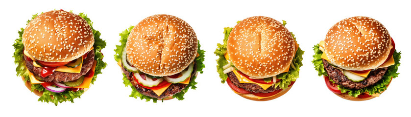 collection of tasty burgers, top view isolated