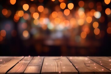 Empty wooden table top with Valentines Day blurred background bokeh as hearts. Festive abstract pattern.