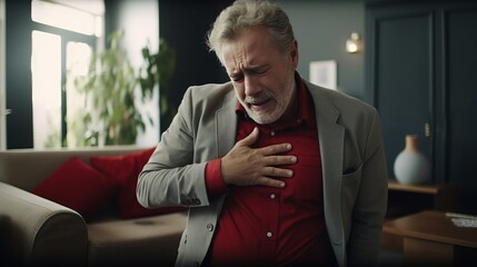 man touching chest feel sudden pain heartburn having heart attack, copy space, 16:9
