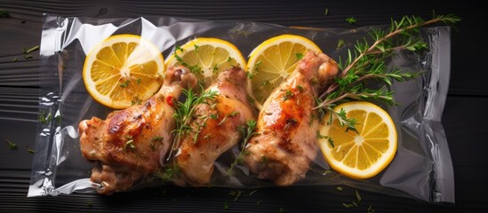 Marinate chicken drumsticks with citrus fruits for home meal prep, using a sealed bag. Plan ahead. - obrazy, fototapety, plakaty