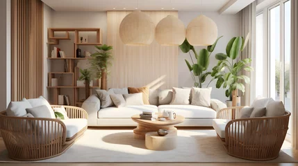 Foto op Canvas Rattan cane living room lounge furniture and rattan lighting © Dionysus
