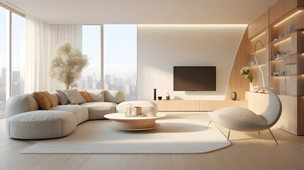 Modern scandinavian living room with curved beige sofas and and bookshelves
