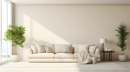 Contemporary living room with a white sofa and plants, mockup