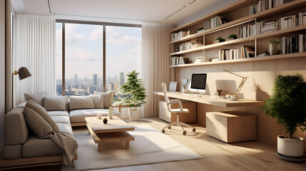 Modern scandinavian living room and home office with beige sofas and and bookshelves