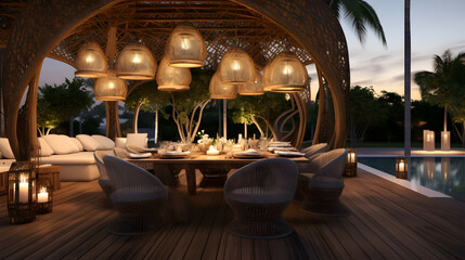 Modern outdoor rattan covered dining area with rattan lighting - obrazy, fototapety, plakaty