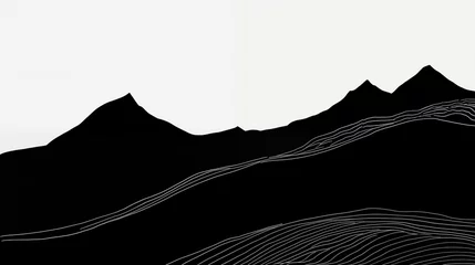 Tuinposter A minimalist black silhouette of a mountain range against a white background, with delicate ink lines suggesting topographical contours and a solitary river, tranquil landscape. High quality © Infusorian