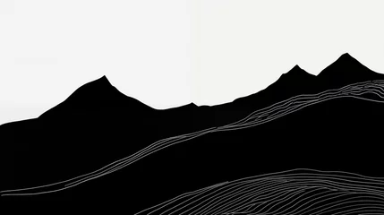  A minimalist black silhouette of a mountain range against a white background, with delicate ink lines suggesting topographical contours and a solitary river, tranquil landscape. High quality © Infusorian