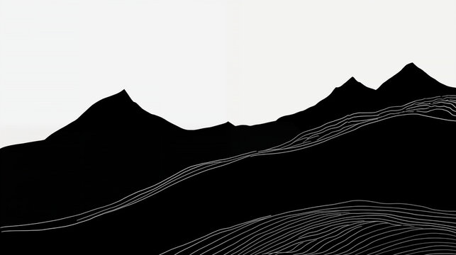 A minimalist black silhouette of a mountain range against a white background, with delicate ink lines suggesting topographical contours and a solitary river, tranquil landscape. High quality