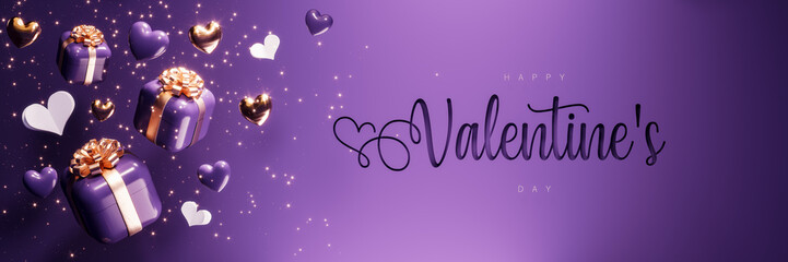 Valentine's Day greeting card design. Purple gift boxes with hearts and text on purple background. 3D Rendering, 3D Illustration