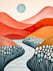 Vivid abstract watercolor painting with blue sun, undulating terracotta hills, and patterned grey formations resembling stylized rocks or coral reefs. High quality illustration