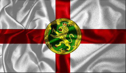 Alderney flag waving fluttering in the wind with realistic texture fabric silk satin background