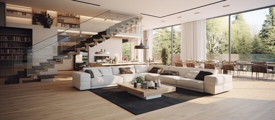 Luxurious duplex apartment with an open living room layout. - obrazy, fototapety, plakaty
