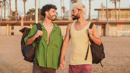 Beautiful gay couple in love holding hands walking along the beach at dawn