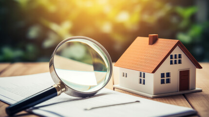 House model and magnifying glass with a checklist for home inspection