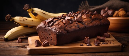 Chocolate banana bread on a wooden board, viewed from below.