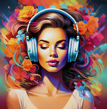 Girl with headphones in a colorful effect background illustration.