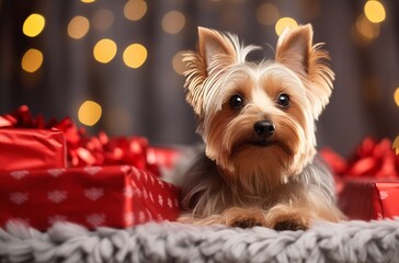 Australian Silky Terrier Enjoying Christmas Eve
