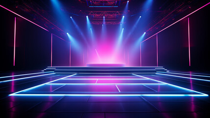 Led concert stage, spotlight illuminated the empty stage, lightning design, electric, screen, colourful effect wallpaper fachion futuristic event organization. banner, copy space, background - obrazy, fototapety, plakaty