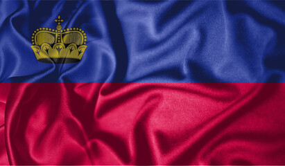 Liechtenstein flag waving fluttering in the wind with realistic texture fabric silk satin background