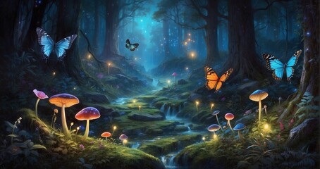 In a magical glen with bioluminescent mushrooms, fireflies, and ancient stones, a butterfly Generative Ai - obrazy, fototapety, plakaty