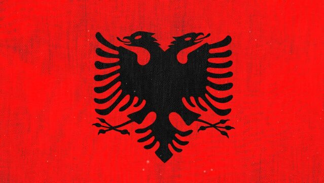 A shabby, old Albania flag waved in the wind