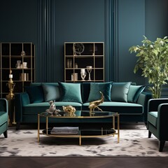 Fashionable living room featuring a velvet sofa and decorative gold shelving