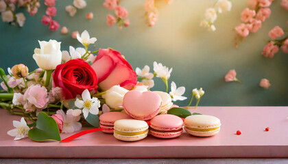 copy space on a Beautiful valentine composition spring flowers and macarons; wedding invitation concept