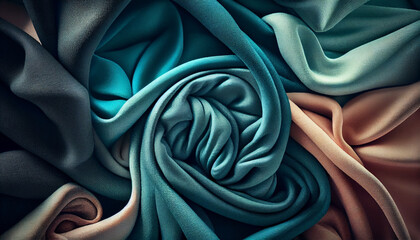 Abstract set of fabrics, colourful textile samples, different types of linen, cotton, silk composition. Generative AI