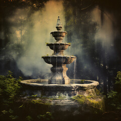 Ethereal 19th Century Hand-Painted Ambrotype Photography of a Fountain: Rich Colors & Textures