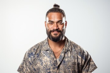 Writer pacific Islander on white background looking at camera. Headshot close up