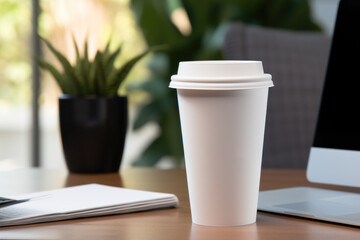 Paper disposable coffee cup mockup for take away at workspace table, blank white paper cup