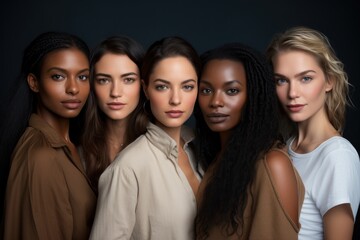 Obraz premium Beautiful women with various skin tones, group of people from different ethnic backgrounds, diversity of human skintones, unique skin tone shades, authenticity and inclusivity concept