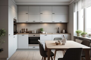 Fototapeta na wymiar Sleek Scandinavian style kitchen with clean design lines