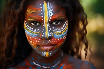 Portrait showcasing the rich heritage of Australian Aboriginal indigenous culture. Woman adorned with traditional patterns standing in wooded area with trees and foliage in background - obrazy, fototapety, plakaty