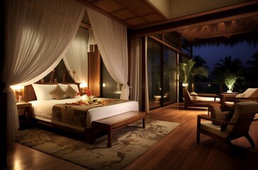Elegant hotel room with Indonesian design aesthetics and luxury decor © danr13
