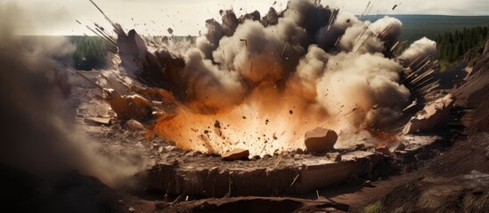 Explosive blast in open-pit mine - obrazy, fototapety, plakaty