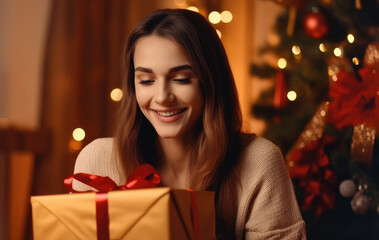 Happy woman in home with Christmas tree, open gift