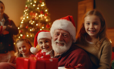 Fototapeta na wymiar In December, the joyful grandfather and children gather around a Christmas tree