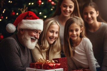 Fototapeta na wymiar Grandfather and children joyfully surround the Christmas tree during December