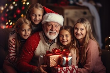 Fototapeta na wymiar Happy grandfather and children with christmas tree in december open gifts