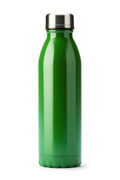 Green Water Bottle made of Stainless Steel. Isolated on White Background for Sports and Workout
